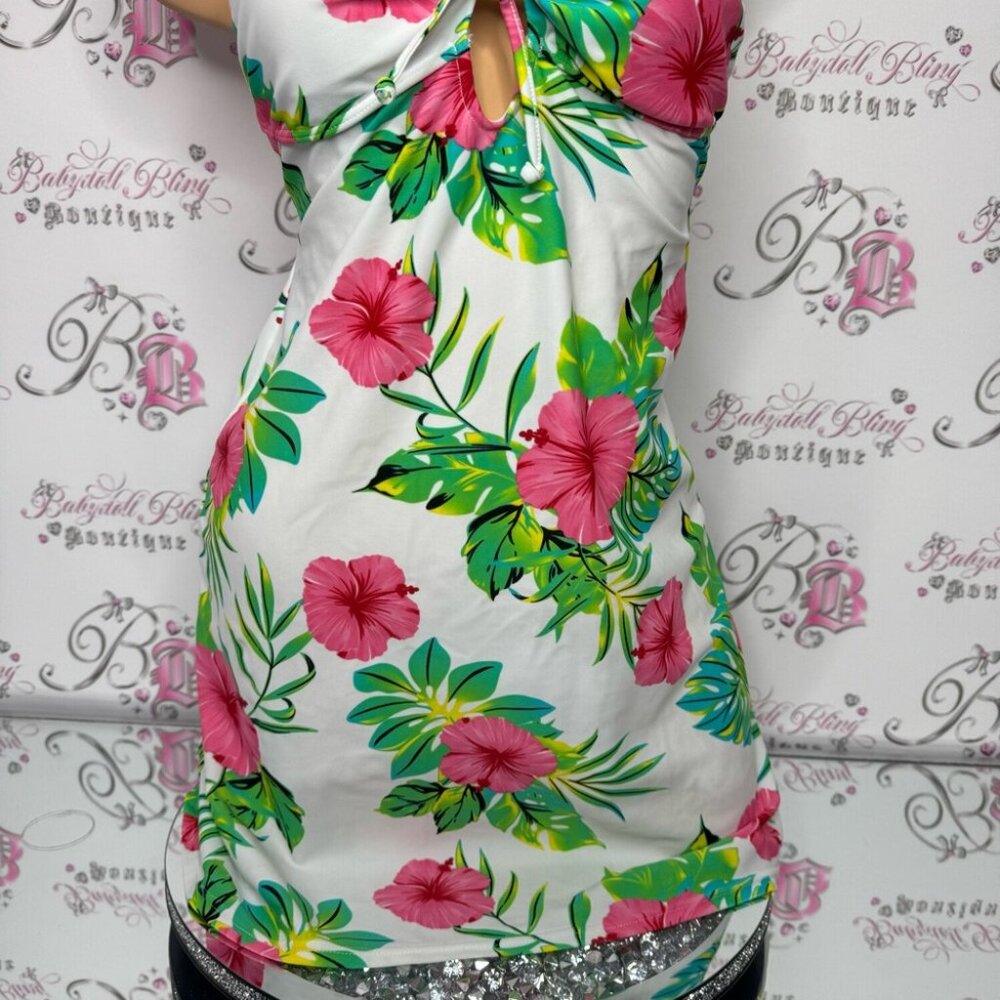 La vie en rose aqua dress tropical floral green pink white black blue strappy - Picture 7 of 10